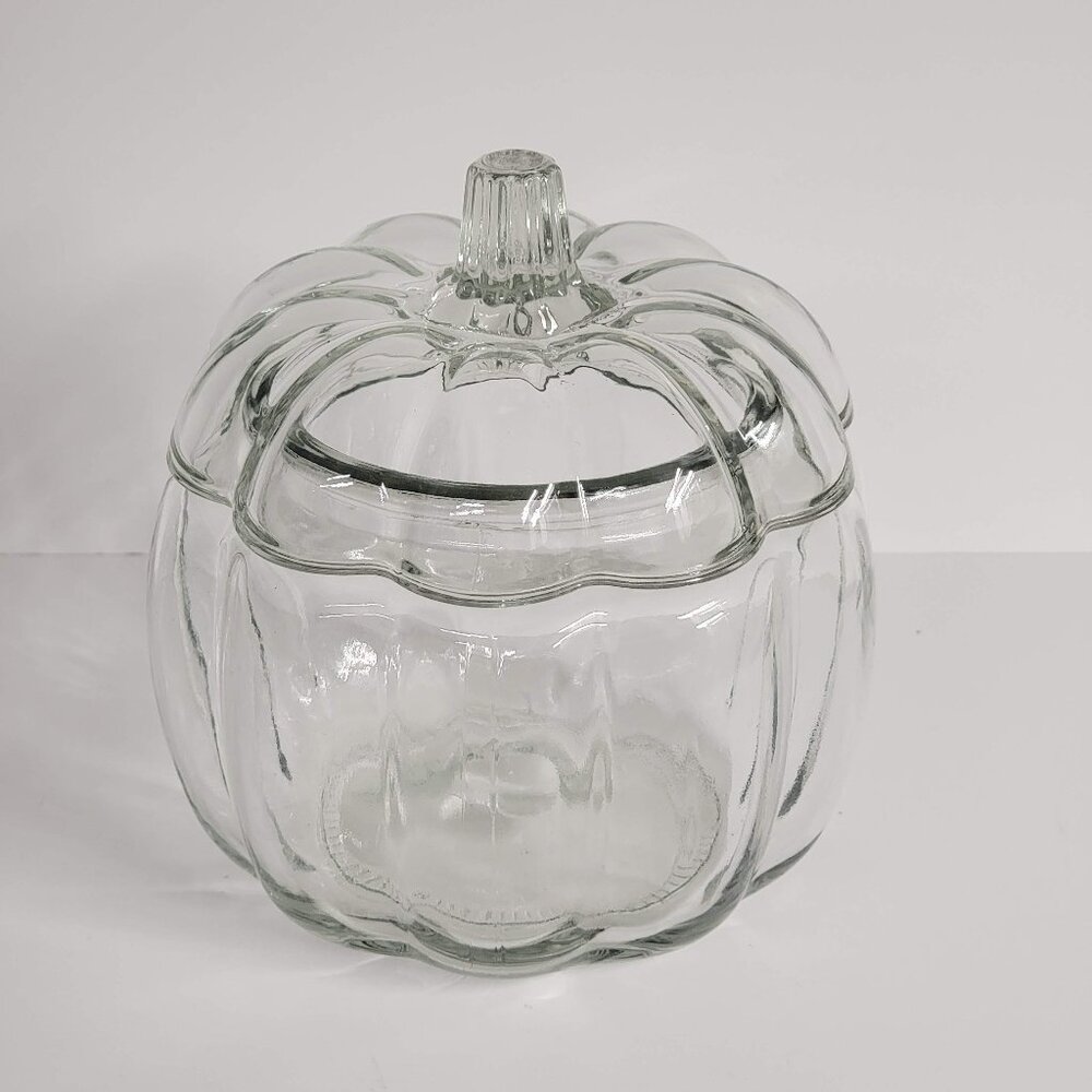 Glass Pumpkin Shaped Scalloped Candy Cookie Jar With Lid Halloween Fall Decor